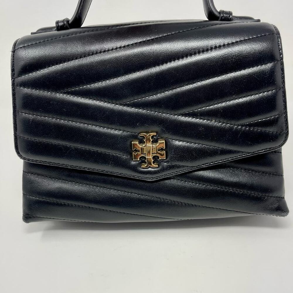 Tory Burch Kira Chevron Leather Top Handle Satchel 2 Way Shoulder Bag Black Gold - Picture 11 of 15